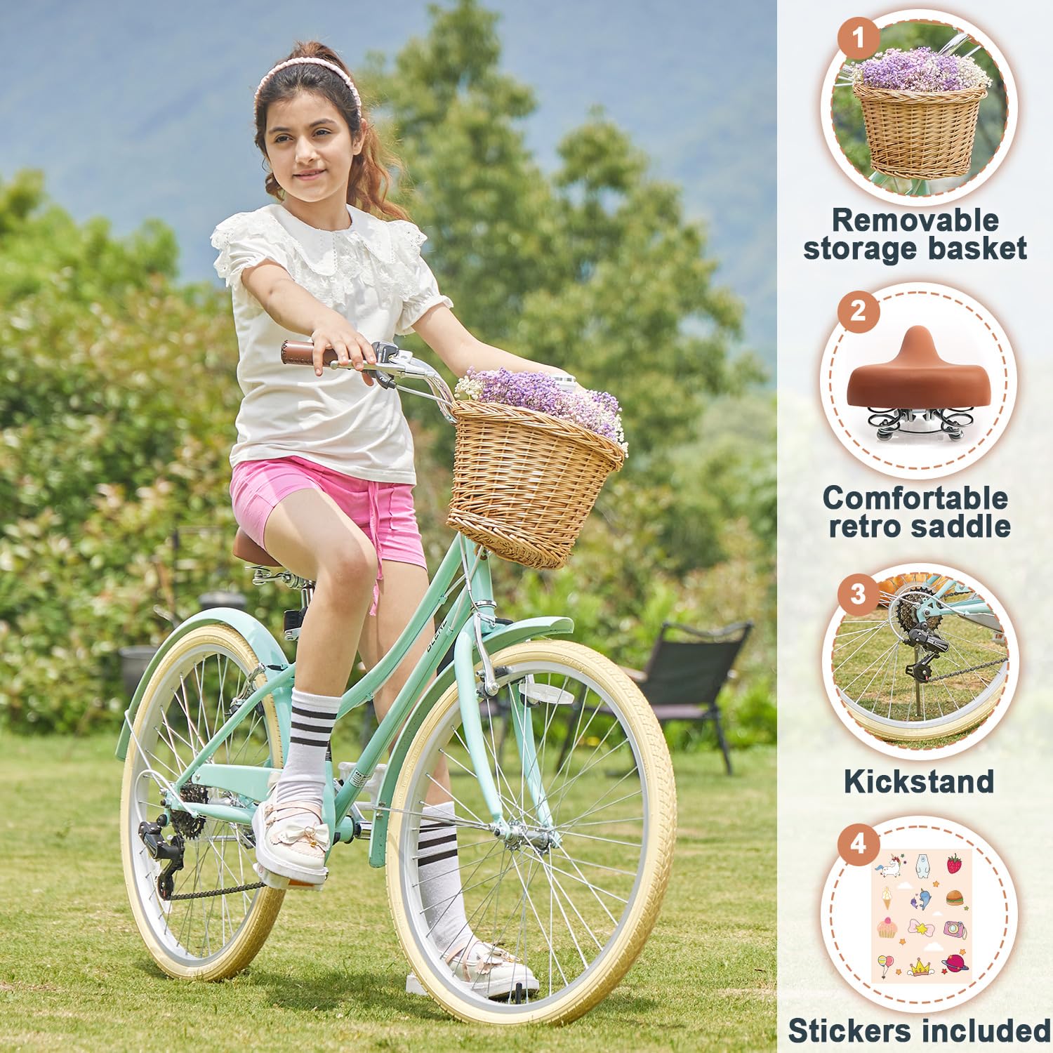 Glerc Missy 24" inch Girl Cruiser Kids Bike 6-Speed Teen Hybrid City Bicycle for Youth Ages 7 8 9 10 11 12 13 14 Years Old with Wicker Basket & Lightweight, Mint Green