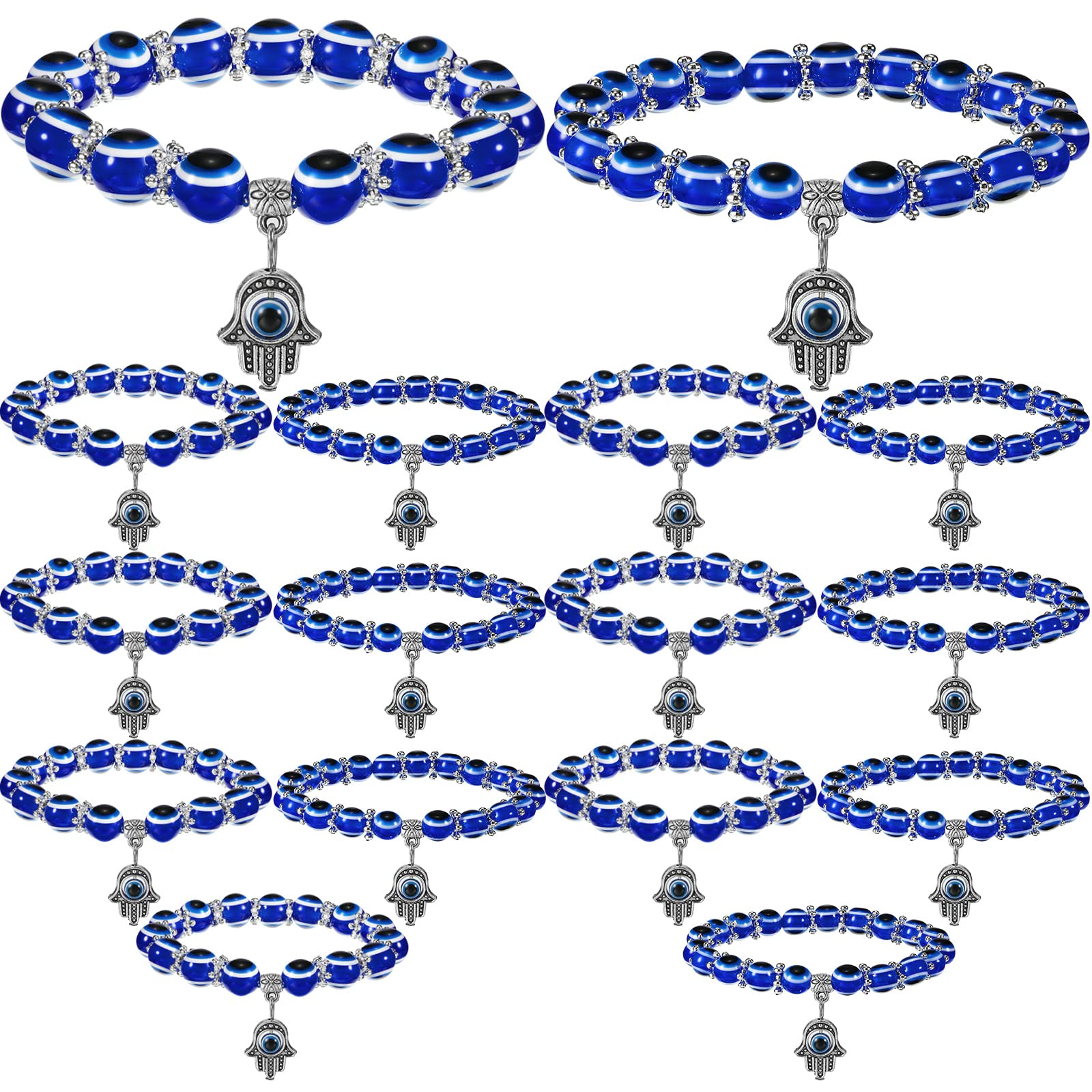 Blue Evil Eye Bracelet for Protection 8mm 10mm Hamsa Hand of Fatima Beaded Charm Bracelets Blue Eye Stretch Amulet Bracelets for Women Men (16 Pieces)