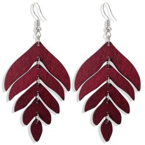 Handmade Lightweight Elegant Wooden Earring for Women - Statement Leaf Drop Dangle Earrings Bohemian Fashion Nature Wood Chain Leaf Earrings for Women Mom Sister Daughter Statement Jewelry Gifts (Wine Red)