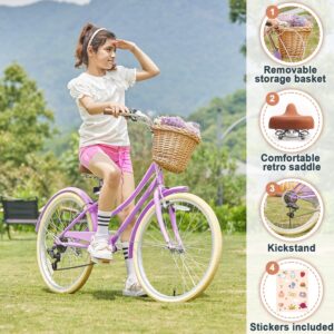 Glerc Missy 24" inch Girl Cruiser Kids Bike 6-Speed Teen Hybrid City Bicycle for Youth Ages 7 8 9 10 11 12 13 14 Years Old with Wicker Basket & Lightweight, Purple