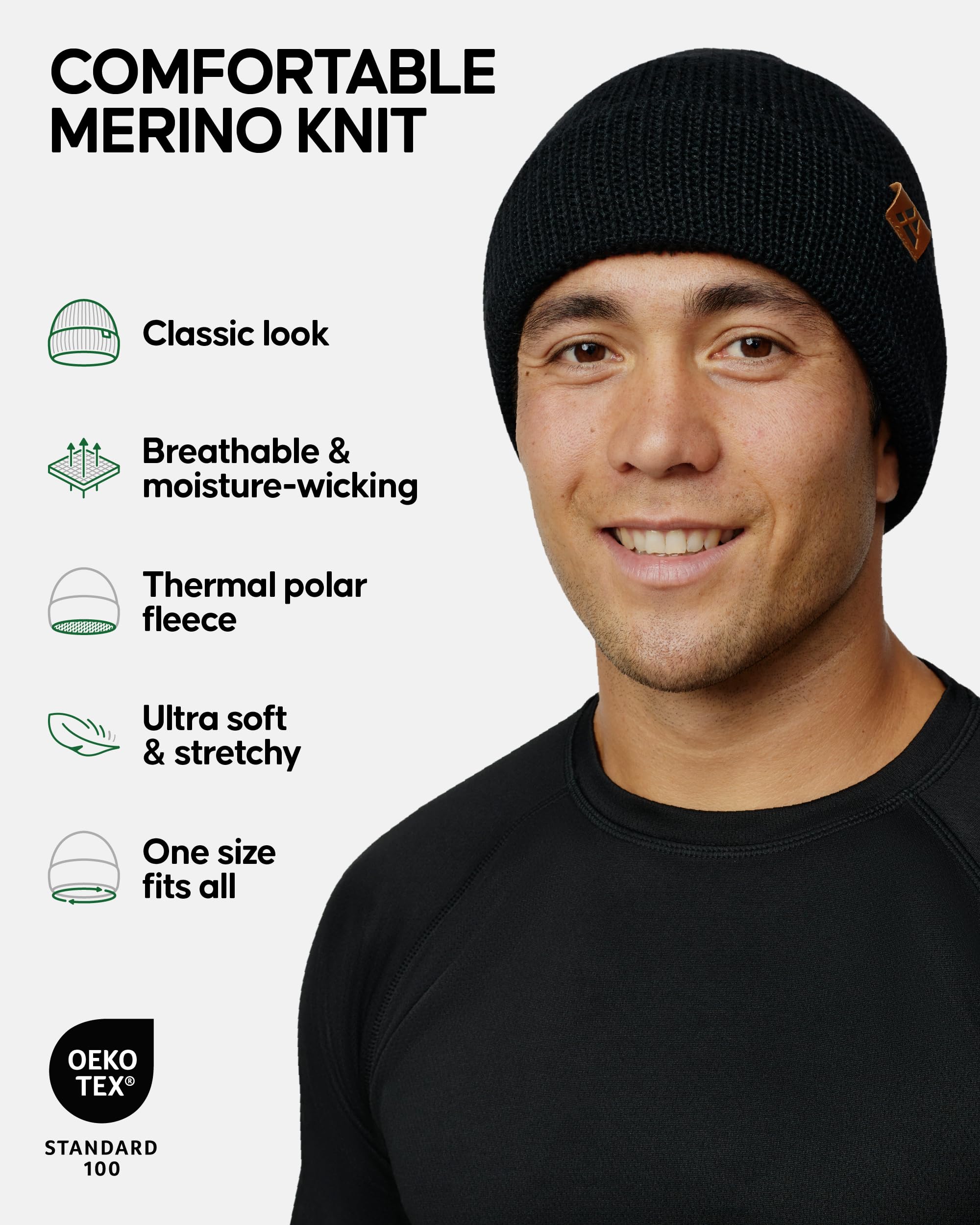 DANISH ENDURANCE Polar Fleece Merino Beanie Adult 1-Pack One Size Black 1-Pack