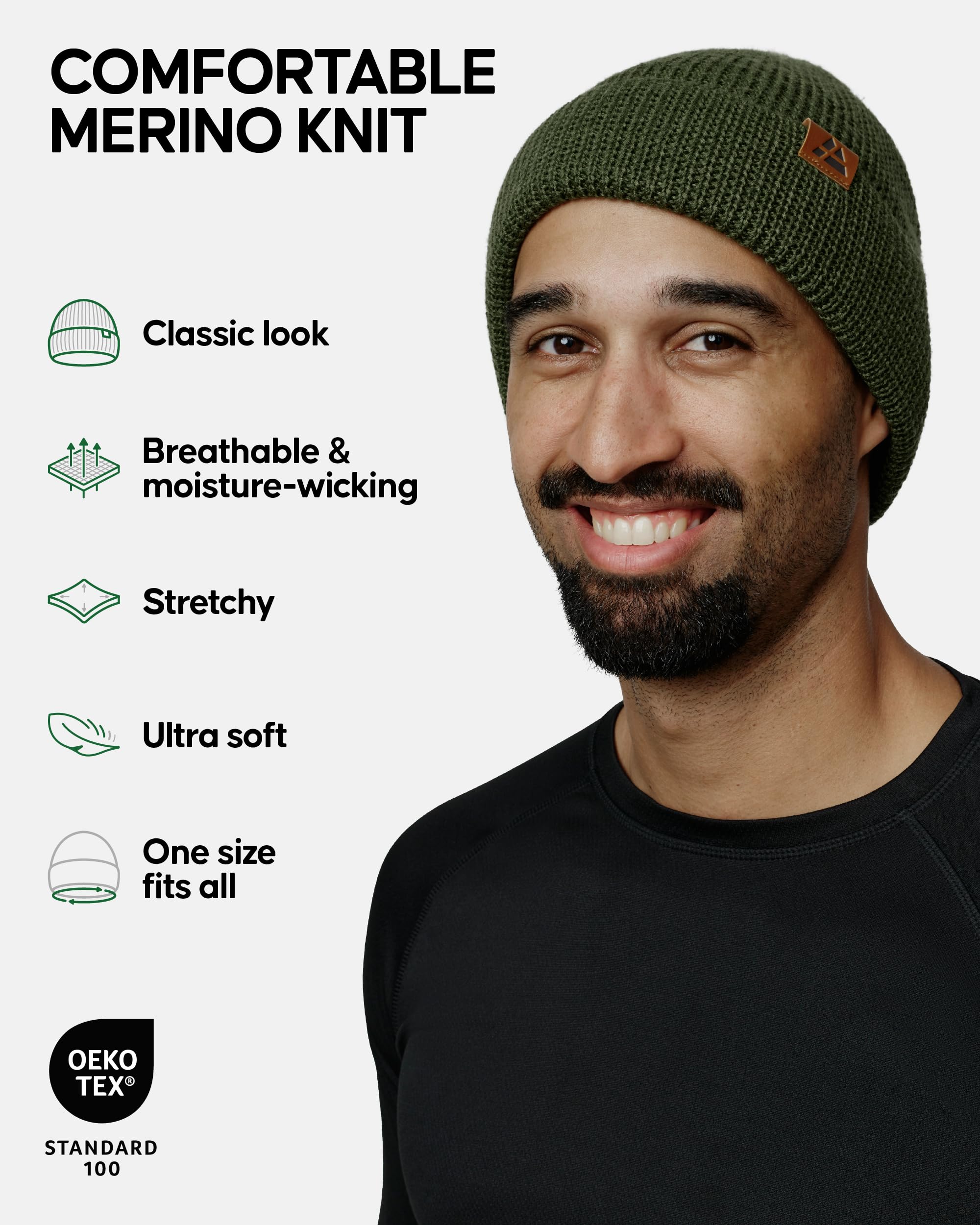 DANISH ENDURANCE Merino Wool Beanie for Men & Women, Knitted Winter Hat, Green, One Size