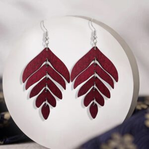 Handmade Lightweight Elegant Wooden Earring for Women - Statement Leaf Drop Dangle Earrings Bohemian Fashion Nature Wood Chain Leaf Earrings for Women Mom Sister Daughter Statement Jewelry Gifts (Wine Red)