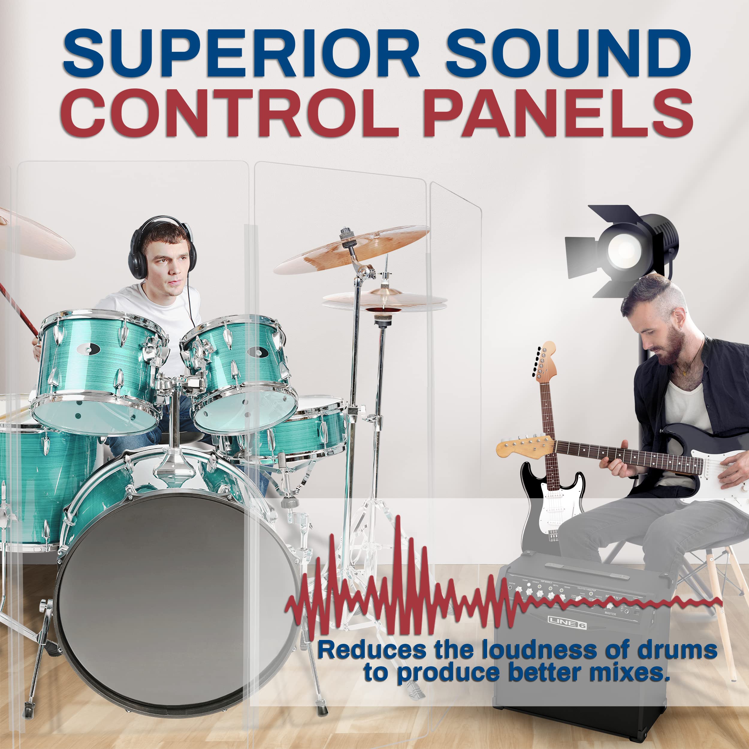 PENNZONI Drum Shield 5.5ft w/Living Hinges, Comes w/ 5 Drum Panels, & 4 Living Hinges, Premium Clear Acrylic Panels, Drum Screen