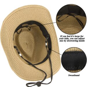 Straw Cowboy Hat for Women Men Western Sun Hat Wide Brim Summer Belt Cowgirl Hats(M-L) Khaki