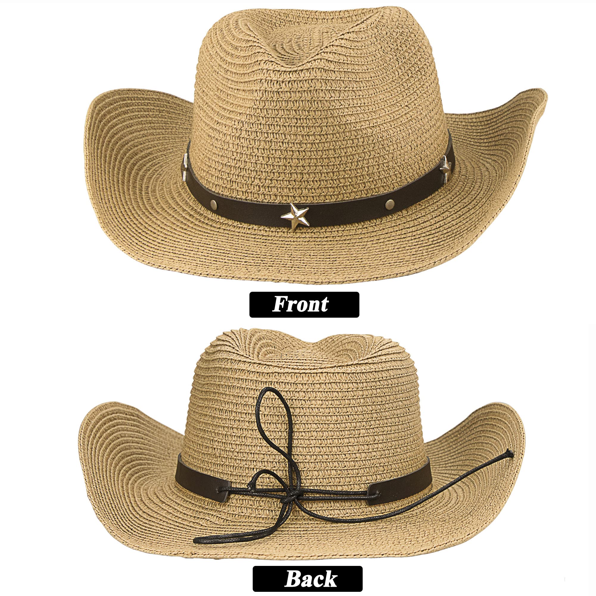 Straw Cowboy Hat for Women Men Western Sun Hat Wide Brim Summer Belt Cowgirl Hats(M-L) Khaki