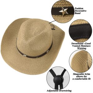 Straw Cowboy Hat for Women Men Western Sun Hat Wide Brim Summer Belt Cowgirl Hats(M-L) Khaki