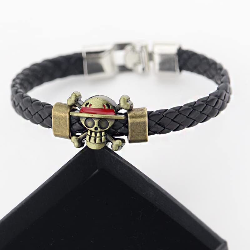 Anime One Piec Bracelet for Fans, Luffy Skeleton Straw Hat Pirate Braided Wristband Cosplay Prop Accessories for Men Women Friends