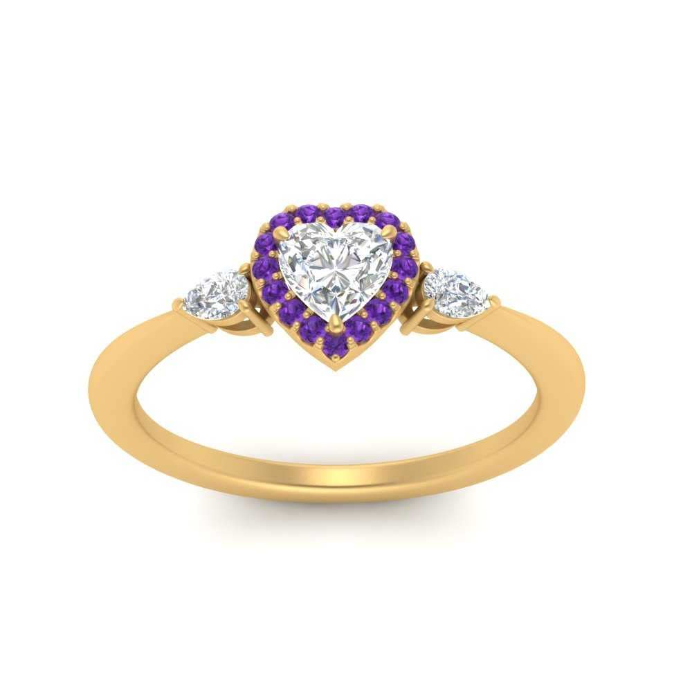 55Carat Halo Pear Accent Diamond Ring yellow gold plated Natural Amethyst Heart shape purple color Petite Engagement Rings prong Setting in Size 8 Party Wear Daily Wear Ornament