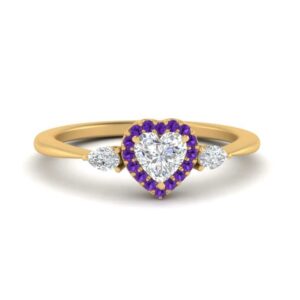 55Carat Halo Pear Accent Diamond Ring yellow gold plated Natural Amethyst Heart shape purple color Petite Engagement Rings prong Setting in Size 8 Party Wear Daily Wear Ornament