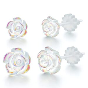 plastic earrings for sensitive ears, kmeosch 2 pairs (6mm & 8mm) clear 3d plastic rose stud earrings for women - unique, elegant comfortable, chic, and feather-light