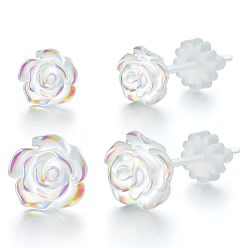 Plastic Earrings for Sensitive Ears, KMEOSCH 2 Pairs (6mm & 8mm) Clear 3D Plastic Rose Stud Earrings for Women - Unique, Elegant Comfortable, Chic, and Feather-light