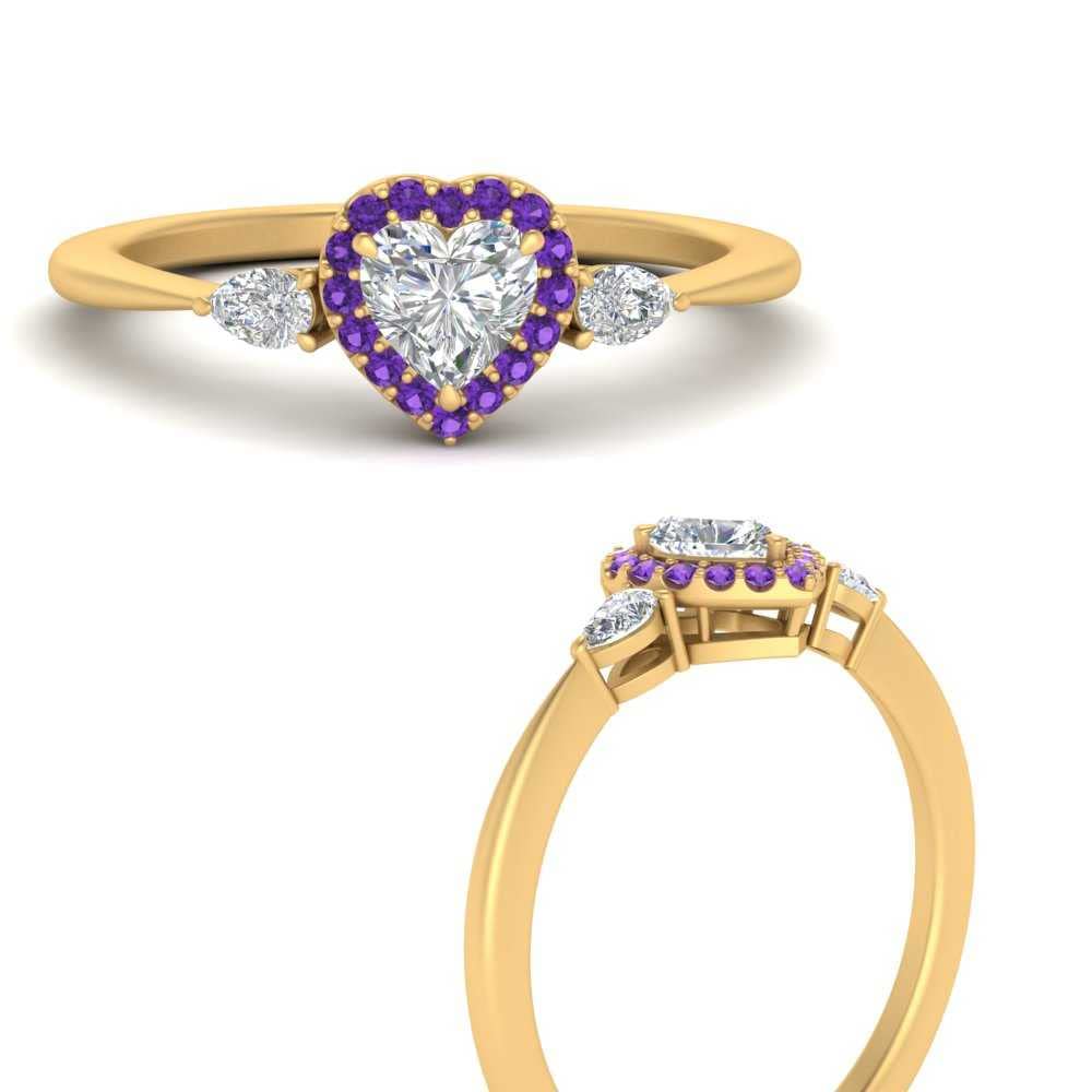 55Carat Halo Pear Accent Diamond Ring yellow gold plated Natural Amethyst Heart shape purple color Petite Engagement Rings prong Setting in Size 8 Party Wear Daily Wear Ornament