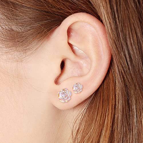 Plastic Earrings for Sensitive Ears, KMEOSCH 2 Pairs (6mm & 8mm) Clear 3D Plastic Rose Stud Earrings for Women - Unique, Elegant Comfortable, Chic, and Feather-light