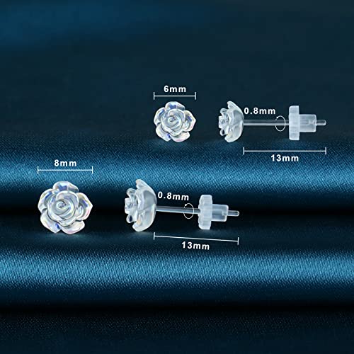 Plastic Earrings for Sensitive Ears, KMEOSCH 2 Pairs (6mm & 8mm) Clear 3D Plastic Rose Stud Earrings for Women - Unique, Elegant Comfortable, Chic, and Feather-light