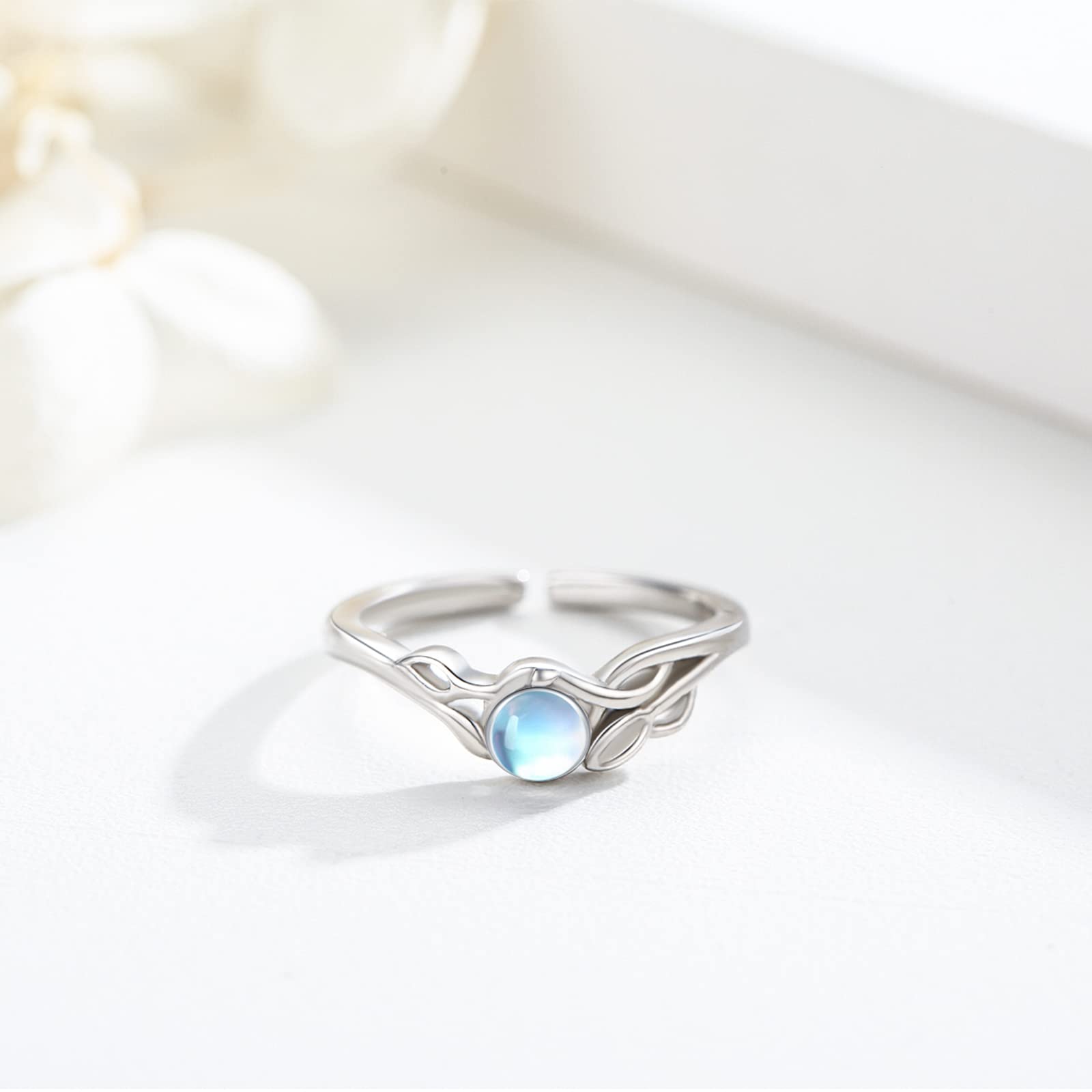 925 Sterling Silver Leaf Ring Moonstone Adjustable Open Rings for Mother's Day Women Minimalist Statement Band Finger Ring Dainty Trendy with Box