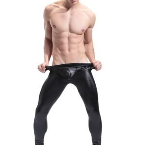 BaronHong Men's Faux Leather Tight Pants Man Night Club Metallic Leggings Long Trousers(black,M)