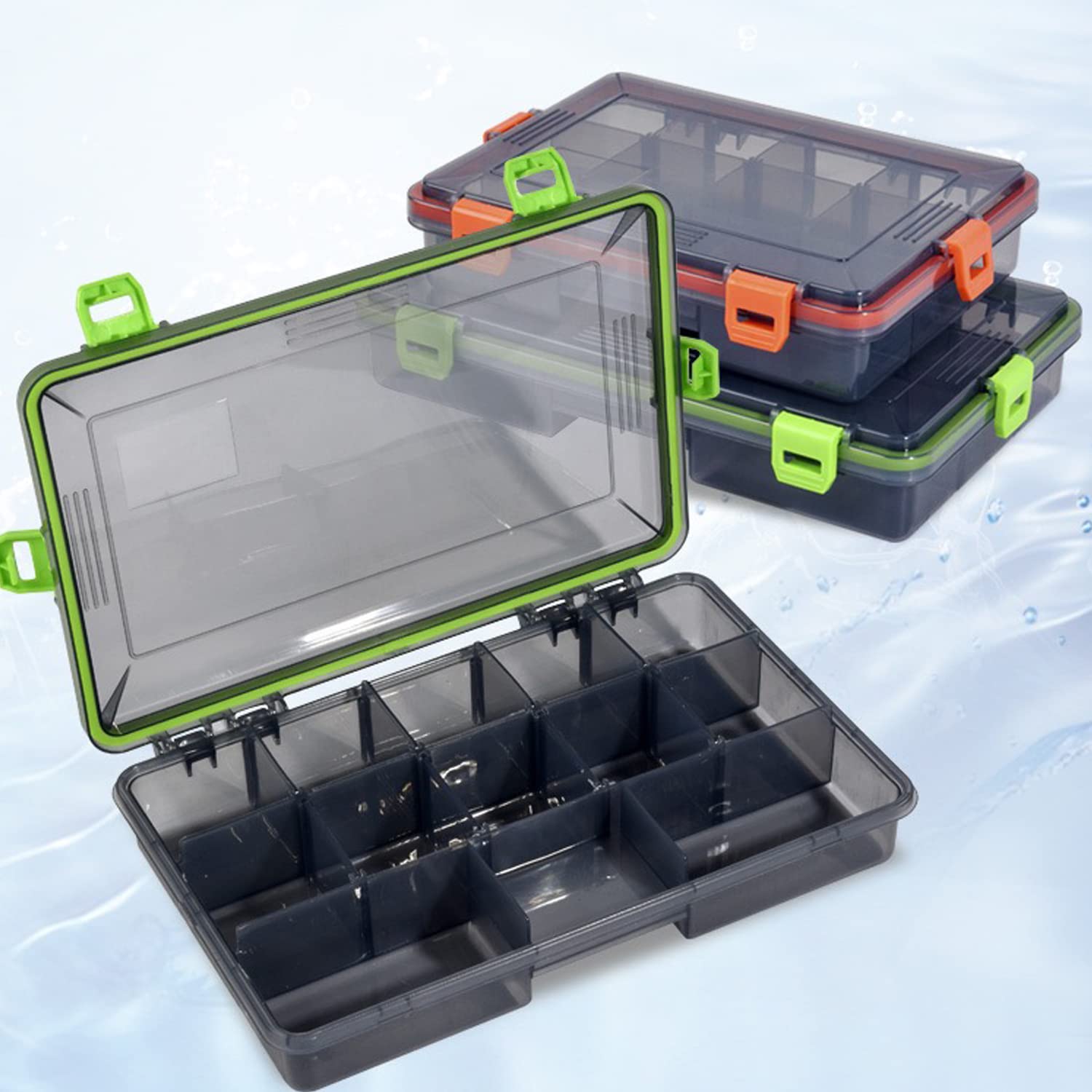 2PC JOYGO FISHAN Waterproof Fishing Tackle Boxes DIY Trags Organizer Box Transparent Adjustable Dividers Hold Fishing Lure Box Easy to Open Latches 2 Size Choice (Orange+Green 8.6*6.6*2inch)