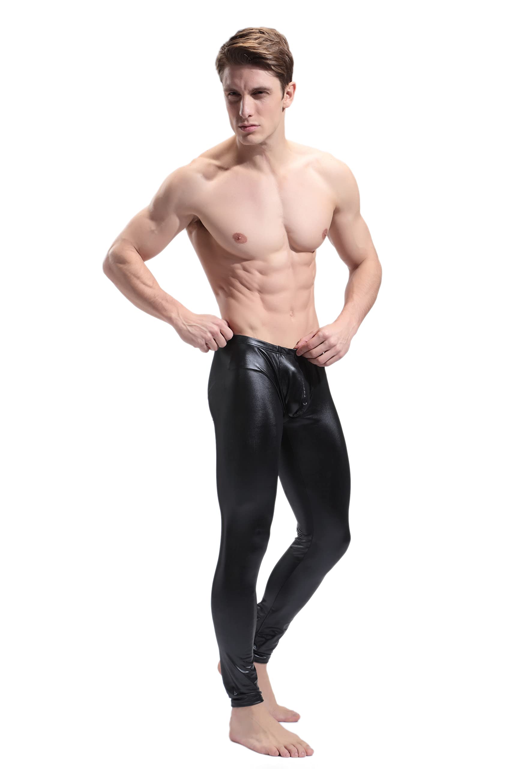 BaronHong Men's Faux Leather Tight Pants Man Night Club Metallic Leggings Long Trousers(black,M)