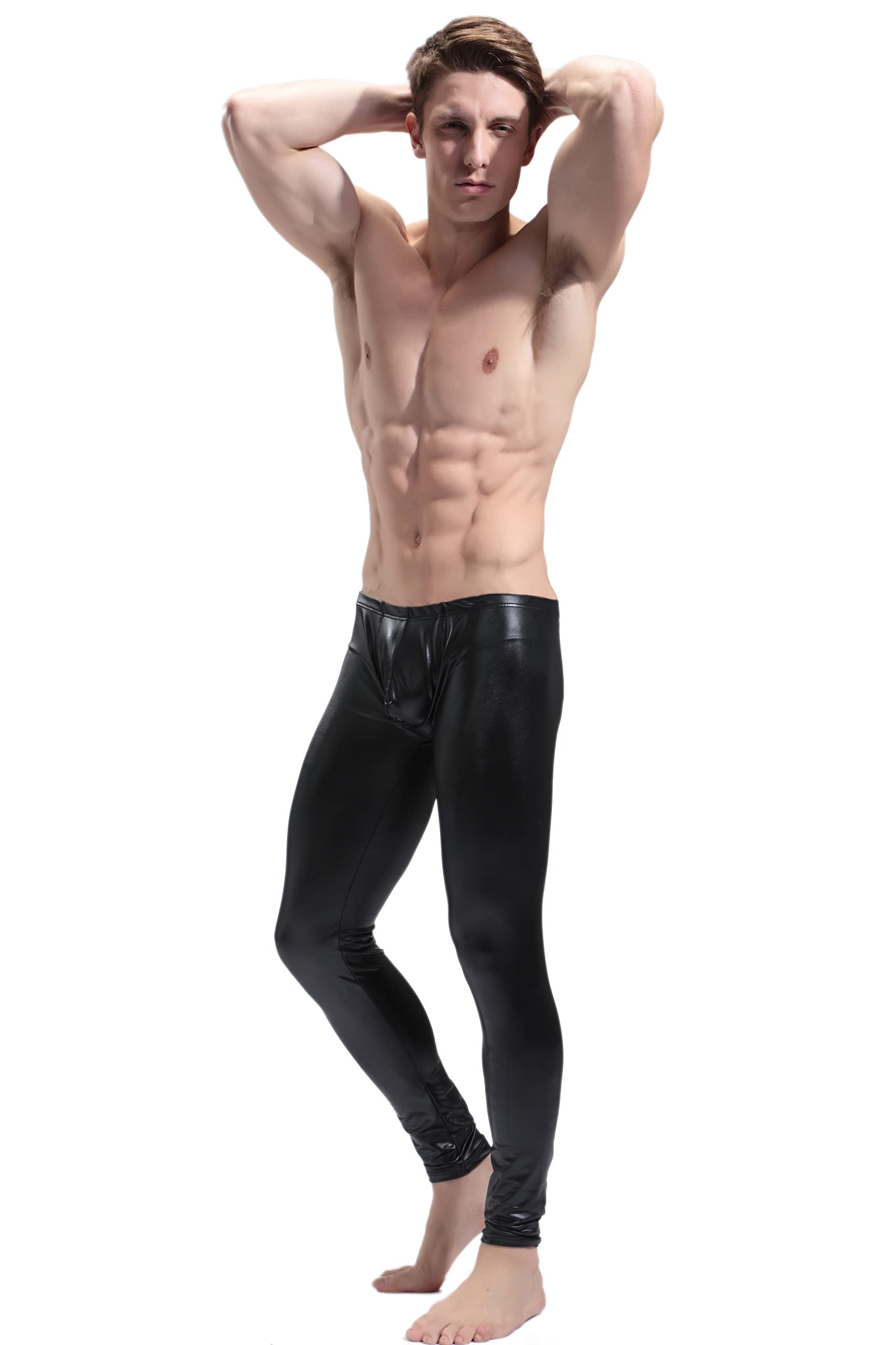 BaronHong Men's Faux Leather Tight Pants Man Night Club Metallic Leggings Long Trousers(black,M)