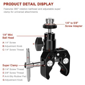 Lanxire Super Clamp Mic Clip Mic Mount with Mini Ball Head for Microphones - Max Load 4.4lb/2kg - 1/4’’ Female to 5/8’’ Male Thread Adapter Included