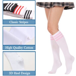 DOOVID Knee High Socks for Women Tube Socks Elasticity Athletic Socks Stripe Knee High Stockings Casual Socks White Pink One Size