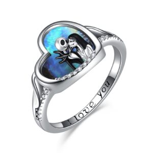 LILALO Nightmare Rings Sterling Silver Abalone Shell Jack and Sally Rings Christmas Gifts for Women Skull Jewelry Heart Rings Birthday Gifts for Women Wife Daughter