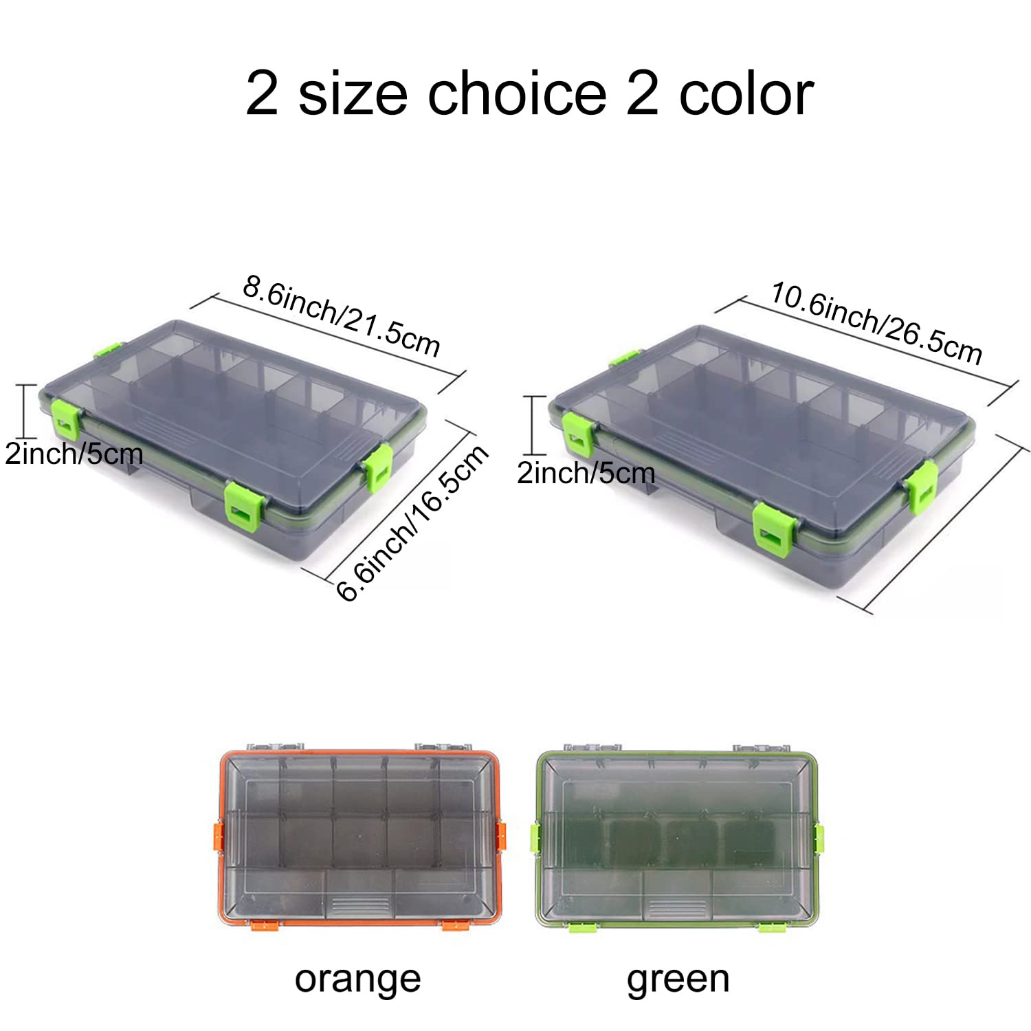 2PC JOYGO FISHAN Waterproof Fishing Tackle Boxes DIY Trags Organizer Box Transparent Adjustable Dividers Hold Fishing Lure Box Easy to Open Latches 2 Size Choice (Orange+Green 8.6*6.6*2inch)