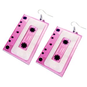 MALOYANVE Cassette Tape Earrings for Women Girls Retro Funny Acrylic 80s 90s Geometric Stereo Music Player Tool Tape Dangle Drop Earrings Accessories Jewelry Music Lover Gift (Pink)