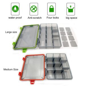 2PC JOYGO FISHAN Waterproof Fishing Tackle Boxes DIY Trags Organizer Box Transparent Adjustable Dividers Hold Fishing Lure Box Easy to Open Latches 2 Size Choice (Orange+Green 8.6*6.6*2inch)