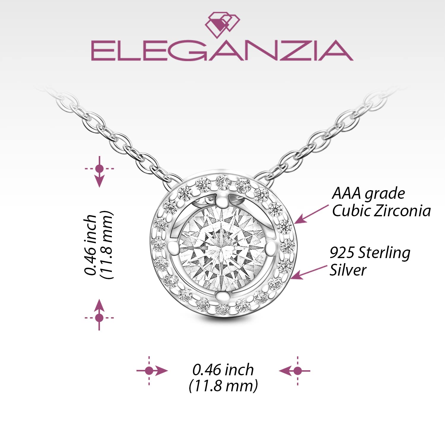 ELEGANZIA Cubic Zirconia Necklace for Women Silver, Round Cut Solitaire Necklace Adjustable 18" - 20" Polo Chain, Halo CZ Necklace Wedding Necklaces for Brides