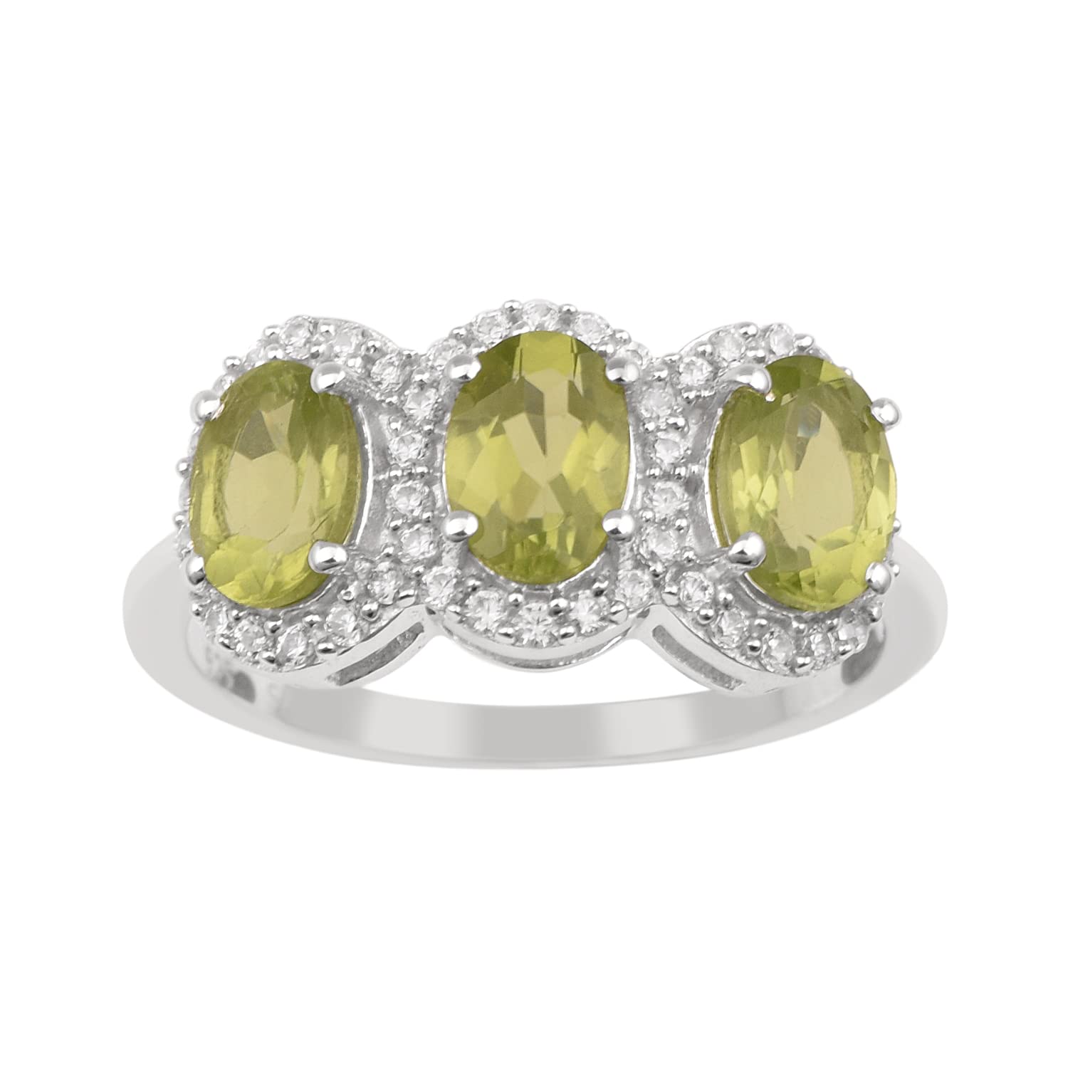 MOONEYE Trio Stone Ring! 7X5MM Oval Green Peridot Gemstone 925 Sterling Silver Bridal Wedding Ring (Silver, 9)