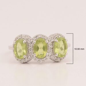 MOONEYE Trio Stone Ring! 7X5MM Oval Green Peridot Gemstone 925 Sterling Silver Bridal Wedding Ring (Silver, 9)