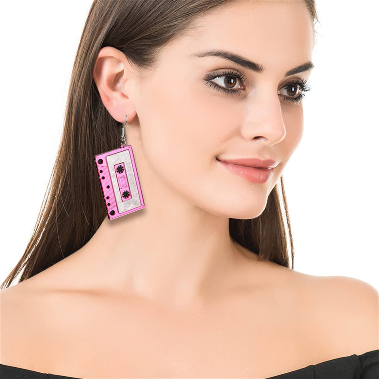 MALOYANVE Cassette Tape Earrings for Women Girls Retro Funny Acrylic 80s 90s Geometric Stereo Music Player Tool Tape Dangle Drop Earrings Accessories Jewelry Music Lover Gift (Pink)