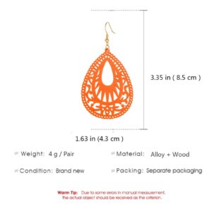 MALOYANVE Bohemian Wood Earrings for Women Handmade Natural Retro Lightweight Teardrop Geometric Hollow Wooden African Dangle Drop Geometric Statement Earrings Boho Vintage Ethnic (Orange)