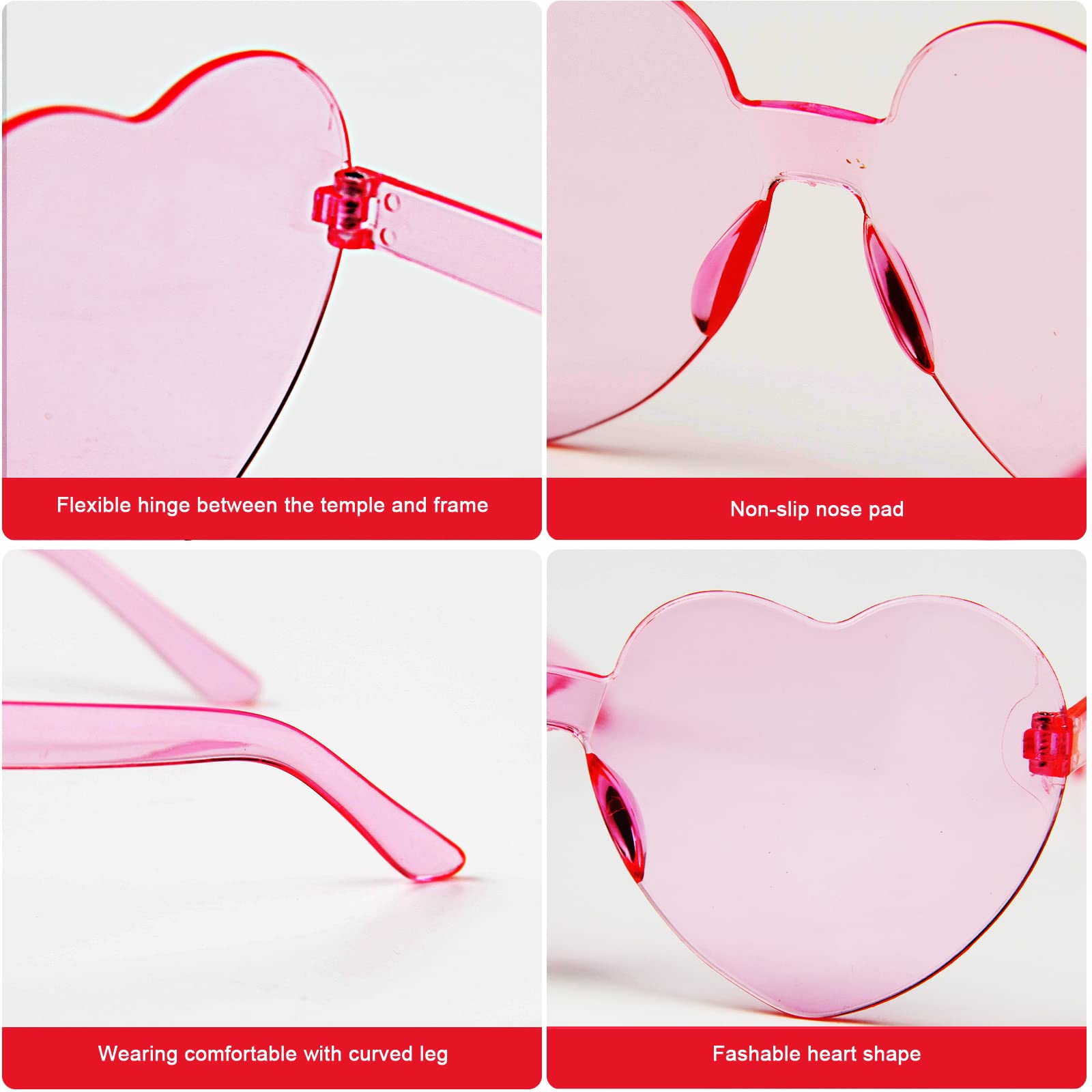 LEFIMOT 12 Pairs Heart Sunglasses Heart Shaped Rimless Sunglasses Frameless Pink Heart Glasses Transparent Party Sunglasses for Women Party Favors