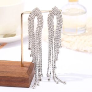 Silver Rhinestone Earrings Dangling for Women Hypoallergenic Long Tassel Drop Dangle Earrings for Wedding