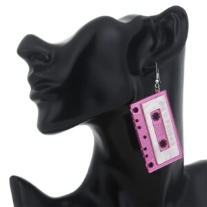 MALOYANVE Cassette Tape Earrings for Women Girls Retro Funny Acrylic 80s 90s Geometric Stereo Music Player Tool Tape Dangle Drop Earrings Accessories Jewelry Music Lover Gift (Pink)