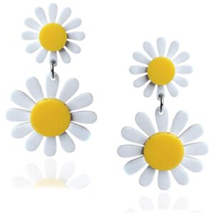 Fiklon Daisy Earrings for Women Dangle Dangling, White Flower Drop Earring 60s 70s Jewelry (Daisy-White)