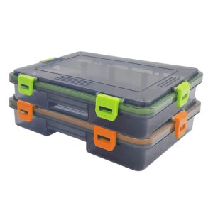 2pc joygo fishan waterproof fishing tackle boxes diy trags organizer box transparent adjustable dividers hold fishing lure box easy to open latches 2 size choice (orange+green 8.6*6.6*2inch)