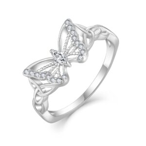 FJ Butterfly Ring 925 Sterling Silver Irish Celtic Knot Ring 18K White Gold Plated with Cubic Zirconia Irish Jewelry Gifts for Women Size 5