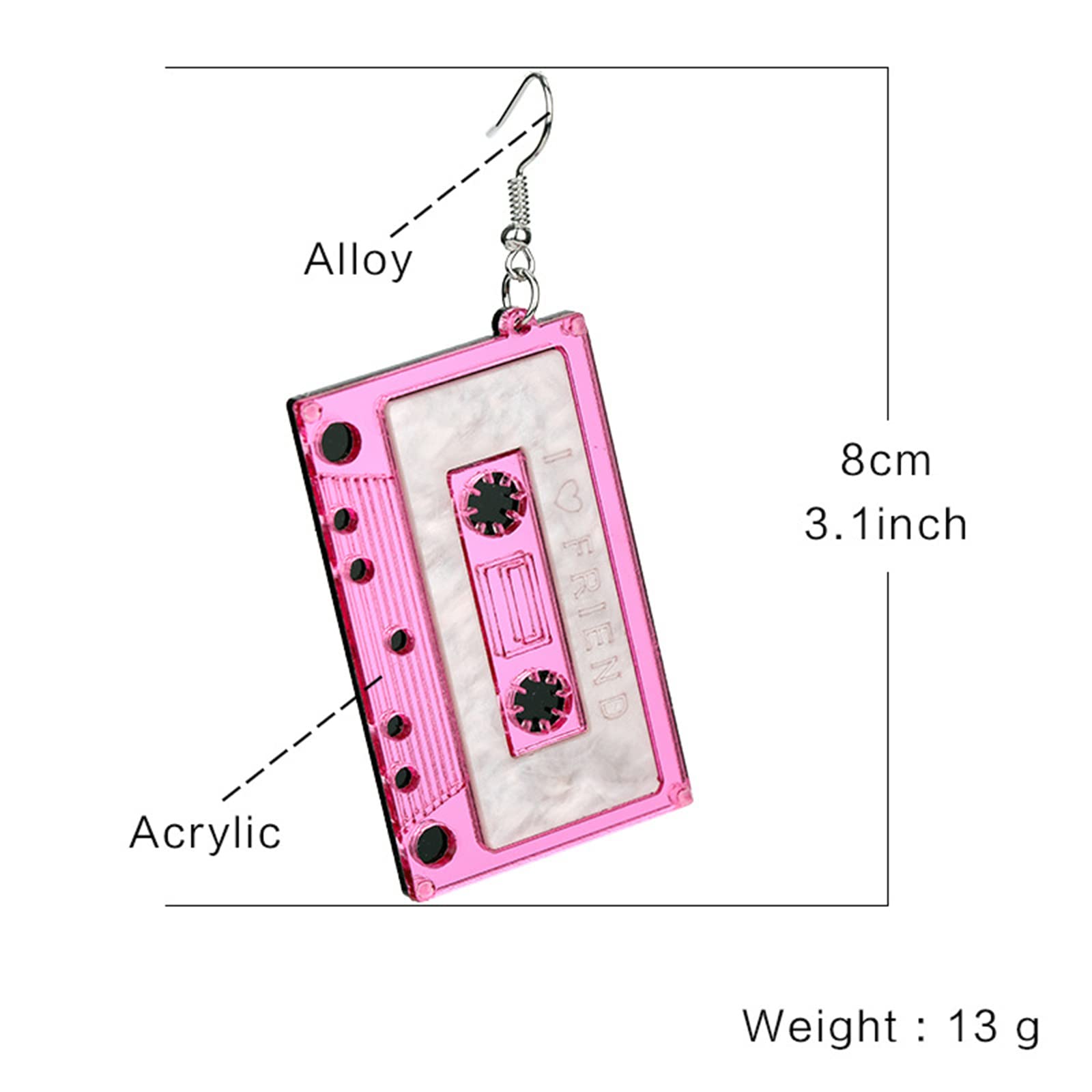 MALOYANVE Cassette Tape Earrings for Women Girls Retro Funny Acrylic 80s 90s Geometric Stereo Music Player Tool Tape Dangle Drop Earrings Accessories Jewelry Music Lover Gift (Pink)