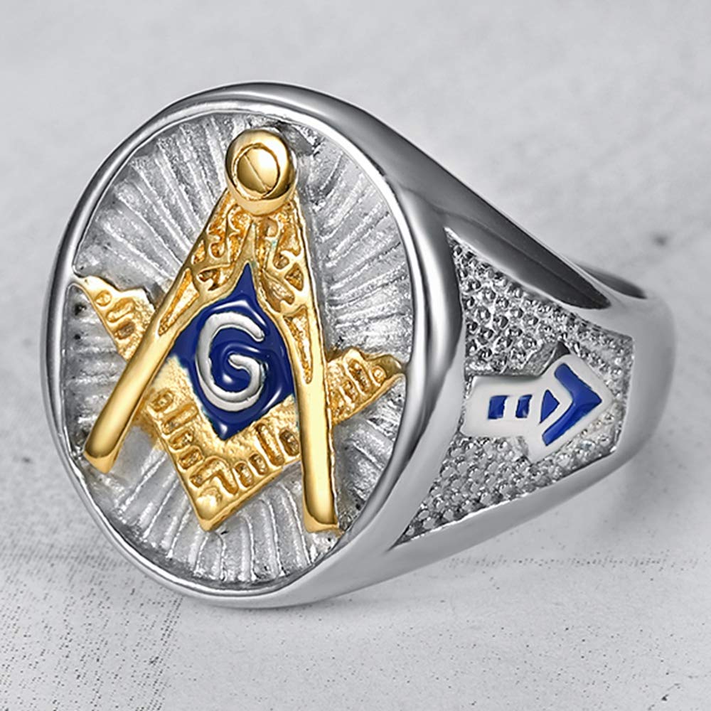 Jude Jewelers Stainless Steel Blue Gold Two Tone Masonic Master Mason Ring (Silver, 10.5)