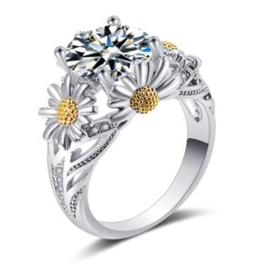 THJEW Womens Round Cut CZ Cubic Zirconia Ring,S925 Sterling Silver Dainty Cute Blooming Daisy Flower Floral Ring Jewelry for Women (Ring_C, 6)