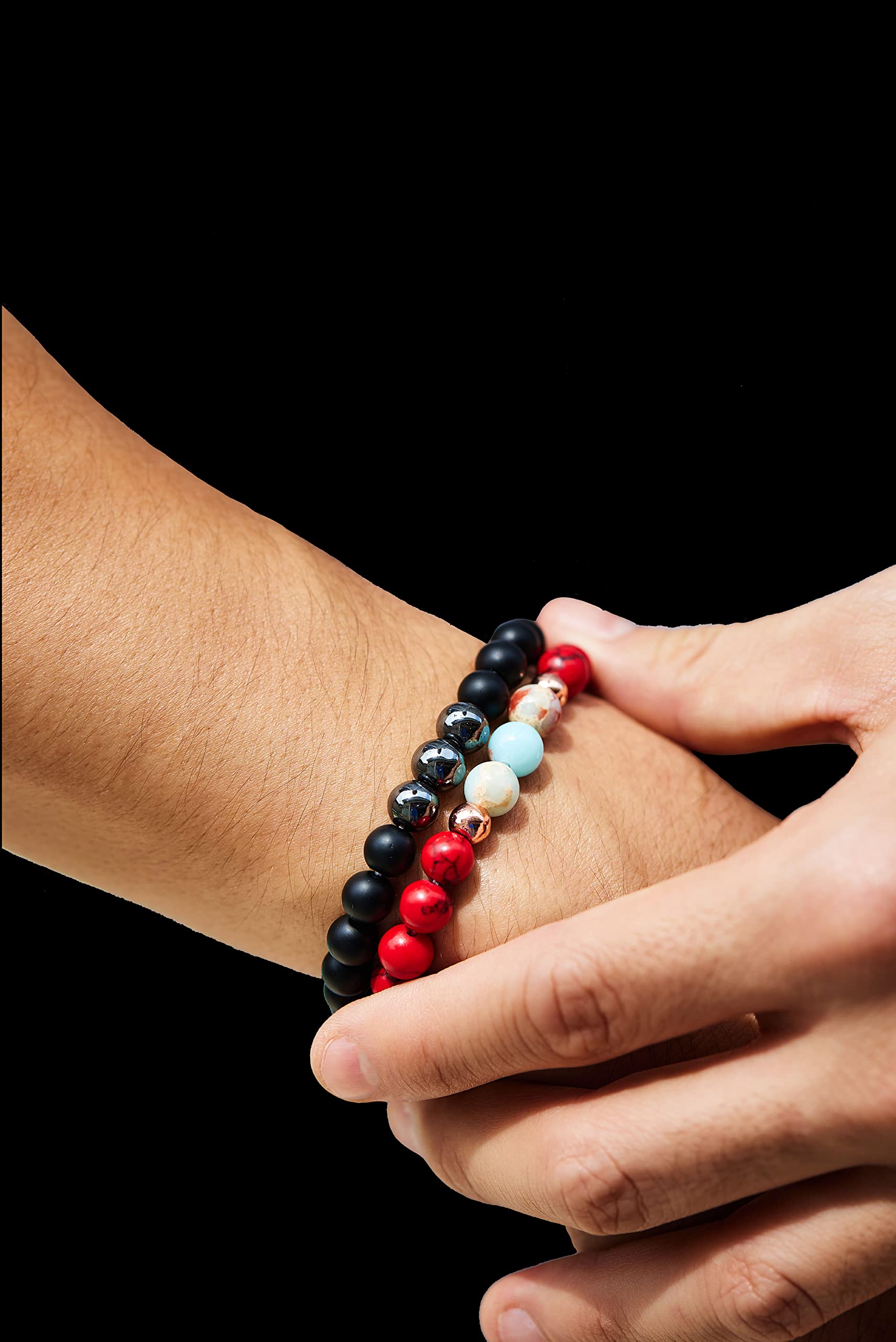 Scouts Preppers Luxury 2pack red&black Beaded Bracelet - Onyx & Hematite PLUS Red Natural Stone Beaded Bracelet - Meaningful Unisex Design Beads for Men Women Xmas Gift, Black,Turquoise