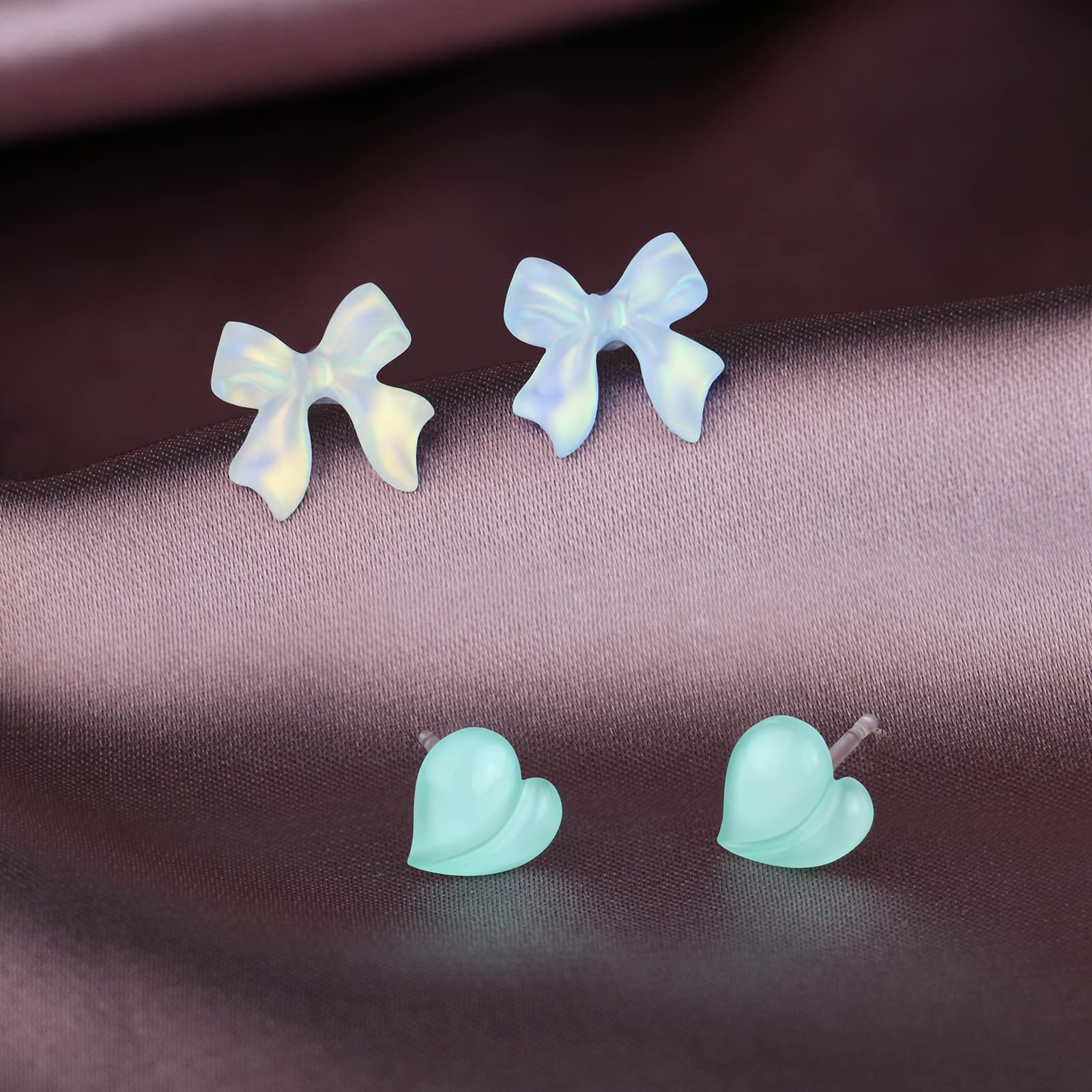 Plastic Earrings, KMEOSCH 4 Pairs Plastic Earrings for Sensitive Ears Surgery, Cute Heart Flower Bear Plastic Posts Stud Earrings Retainers Blue