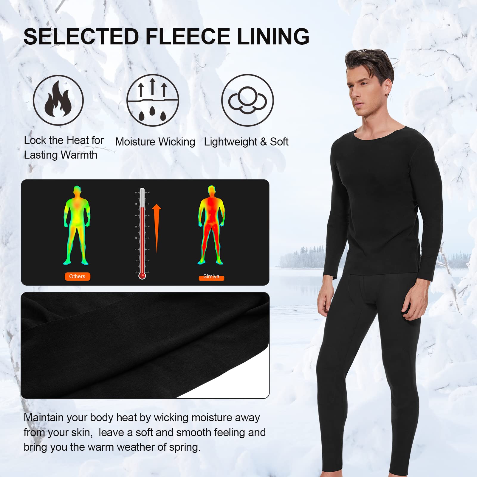 SIMIYA Thermal Underwear for Men, Base Layer Fleece Lined Mens Long Johns Bottom, Soft Warmth Thermal Pants for Cold Weather