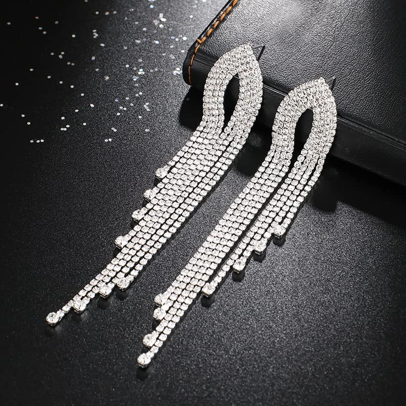 Silver Rhinestone Earrings Dangling for Women Hypoallergenic Long Tassel Drop Dangle Earrings for Wedding