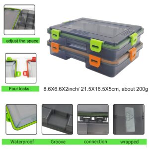 2PC JOYGO FISHAN Waterproof Fishing Tackle Boxes DIY Trags Organizer Box Transparent Adjustable Dividers Hold Fishing Lure Box Easy to Open Latches 2 Size Choice (Orange+Green 8.6*6.6*2inch)