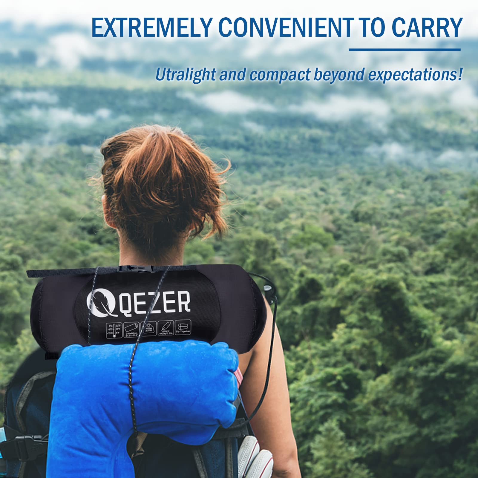 QEZER Down Sleeping Bag for Adults 600 Fill Power Down Sleeping Bag Cold Weather Ultralight Sleeping Bag with Compression Sack for Backpacking, Camping, Hiking (1000g Down Filling-Black-Right Zip)